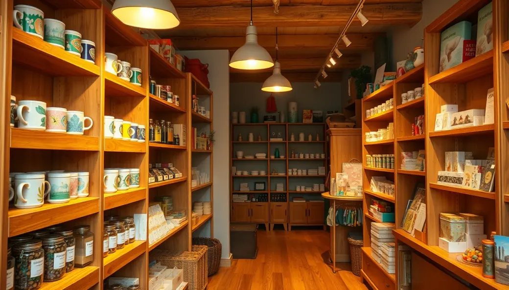 Estanterías de pino natural y exposición de objetos de diseño para el hogar, tazas ilustradas, velas aromáticas botánicas y artículos de papelería.