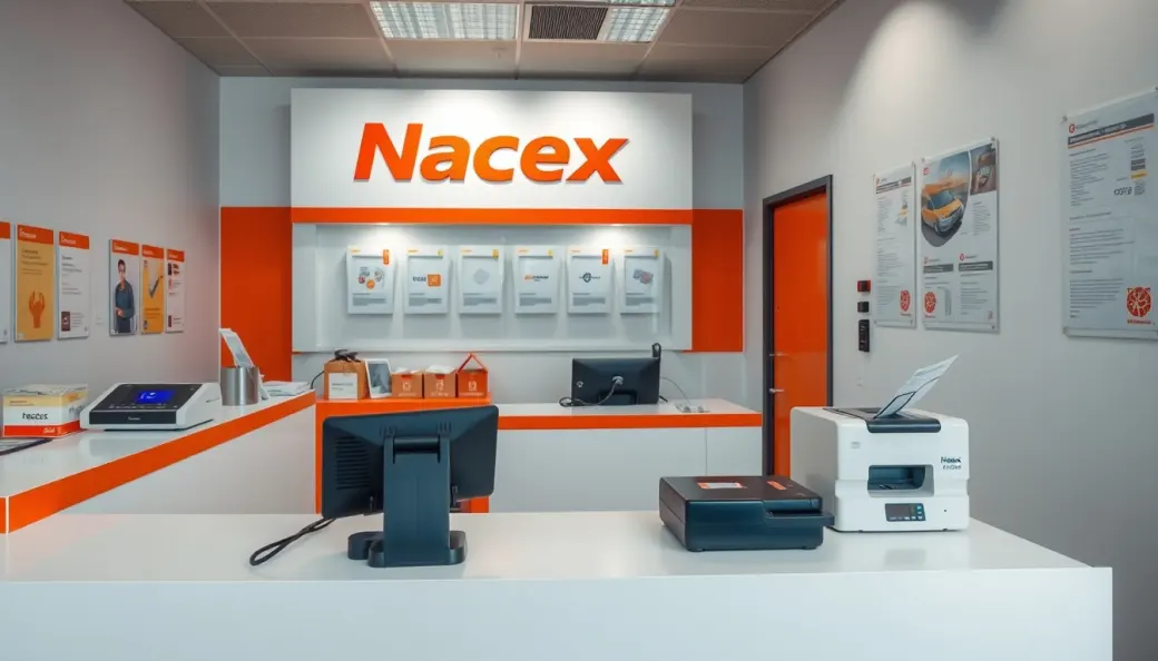 Recepción corporativa de atención al cliente y empresas con báscula digital de paquetería integrada, lectores láser y terminal de etiquetado oficial.