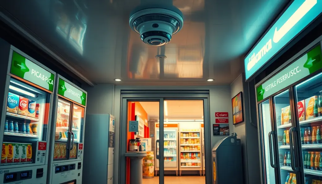 Área diáfana a pie de calle con terminales contactless, videovigilancia de circuito cerrado y papelera selectiva de reciclaje de envases.