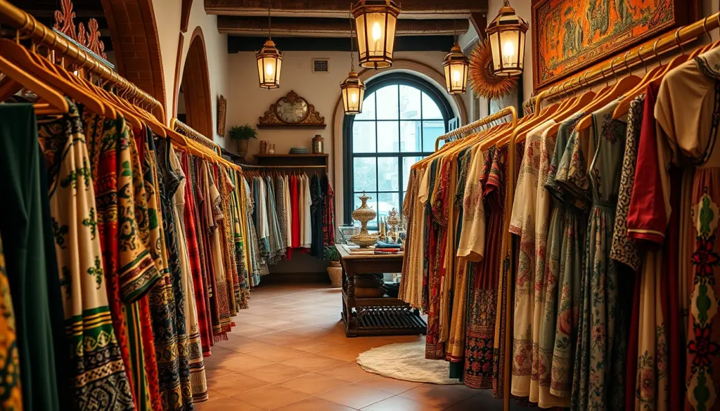 Espacio comercial envolvente con vestidos de seda natural, caftanes estampados en block-print y prendas boho-chic de importación directa.