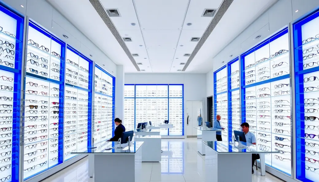 Pared de vitrinas iluminadas con cientos de gafas graduadas y de sol de diseño, espejos biselados y probadores ópticos.