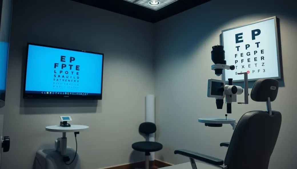 Sala clínica de refracción equipada con foróptero digital, lámpara de hendidura de última generación y sillón ergonómico de consulta.