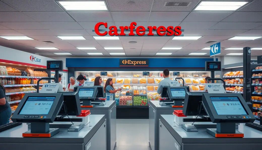Línea de cajas de cobro rápido con pantallas táctiles, expositor de productos de conveniencia diaria y panadería exprés caliente.