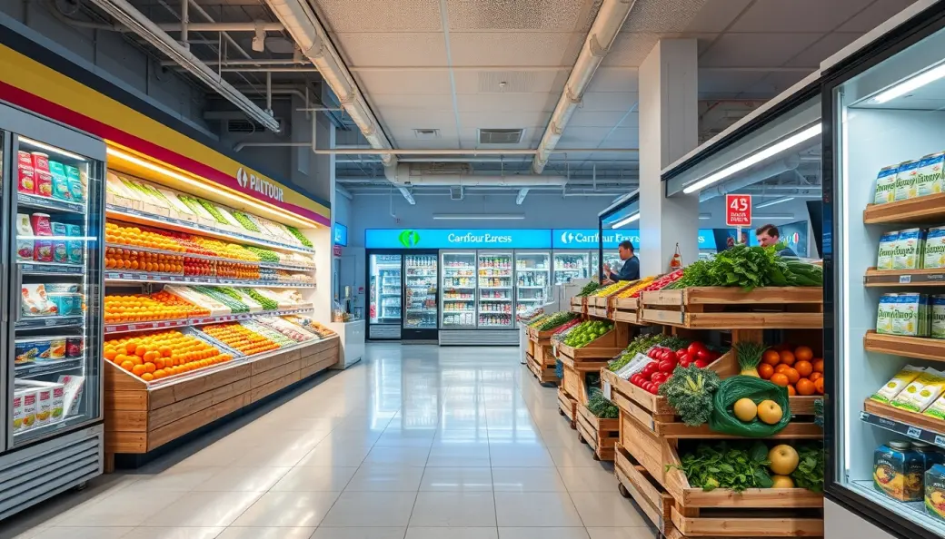Pasillo comercial iluminado con murales de frutas y verduras frescas seleccionadas, baldas refrigeradas y señalética corporativa verde.