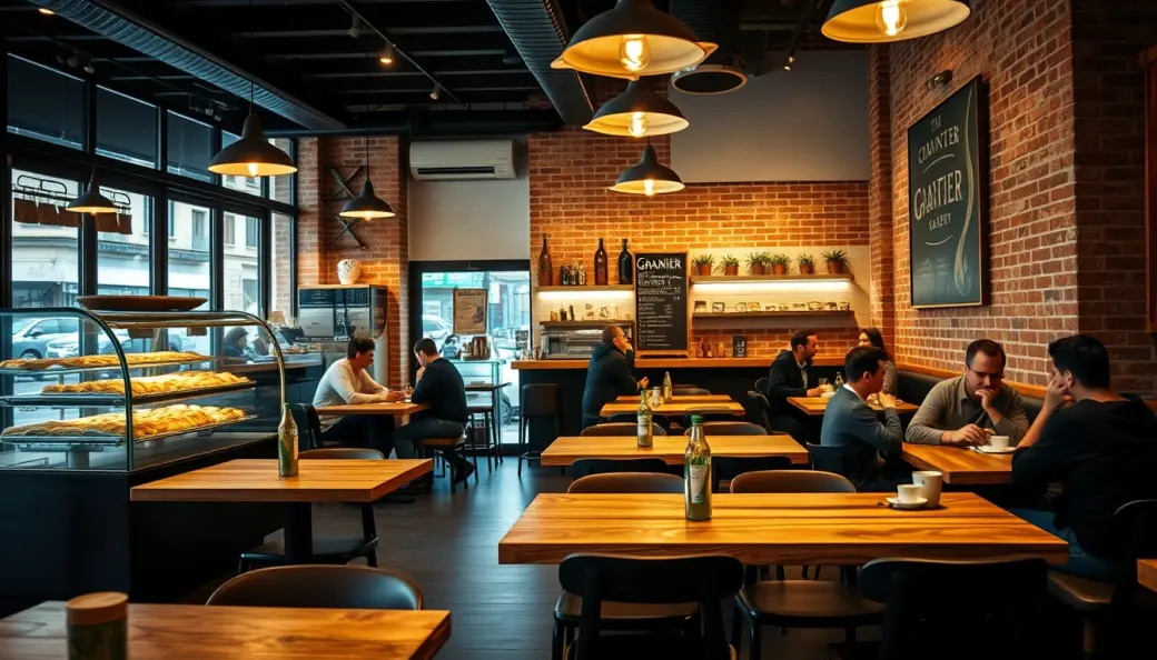 Zona de cafetería acogedora con mesas de madera natural, vitrina de croissants de mantequilla y expositor de cafés especiales.