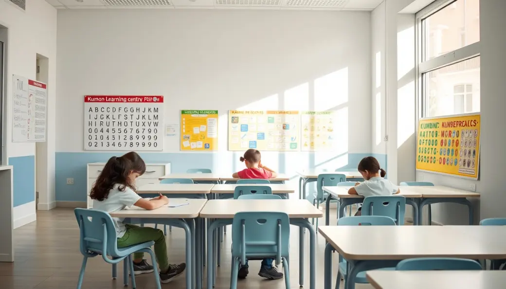 Aula de estudio individualizada con mesas bajas ergonómicas, alumnos concentrados en hojas de cálculo y lectura y ambiente de silencio activo.