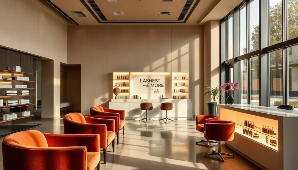 Recepción y zona lounge de clientas Lashes & More