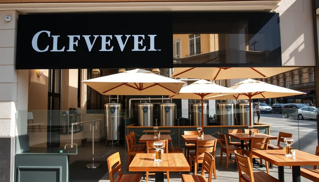 Exterior con terraza de cervecería y cafetería en España equipada con barriles y mobiliario