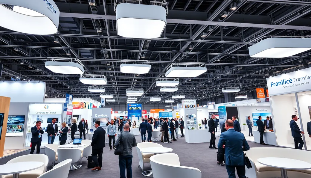 Interior de pabellón de feria de franquicias con stands iluminados y reuniones de expansión