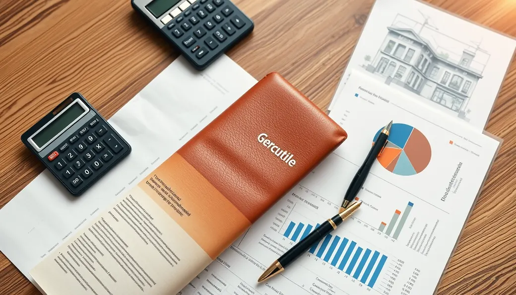 Contrato mercantil de franquicia, dossier DIP y calculadora financiera sobre escritorio ejecutivo