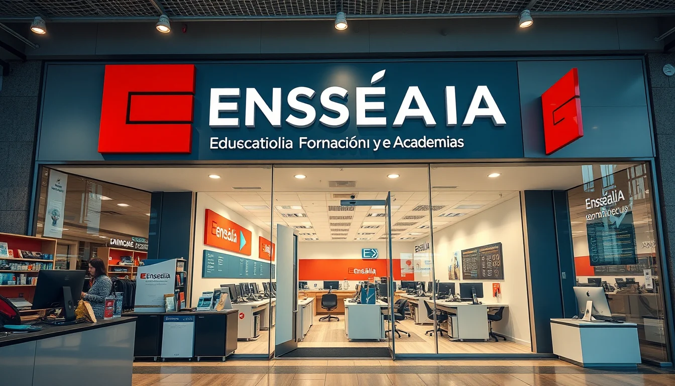 Interior de academia Enseñalia con ordenadores, pizarra digital y alumnos en formación