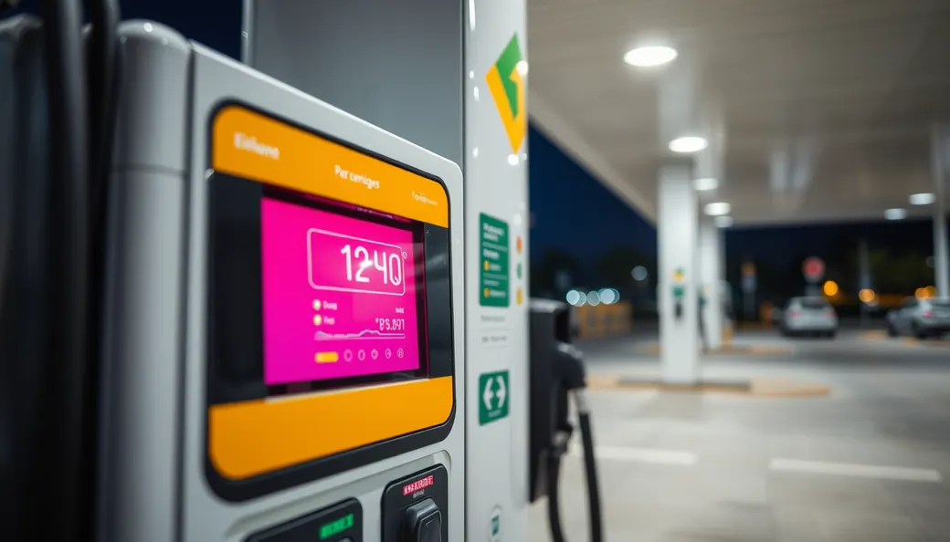 Terminal de autopago táctil en surtidor de gasolinera low cost y cargador de vehículo eléctrico