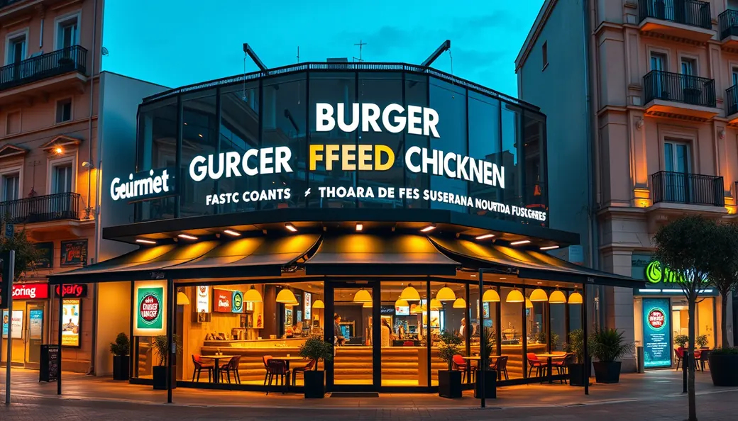 Exterior de franquicia de hamburguesería smash burger y pollo frito en avenida comercial española