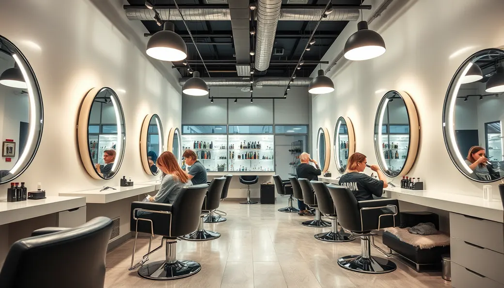 Estilistas trabajando en el interior de una franquicia de peluquería y barbería en España