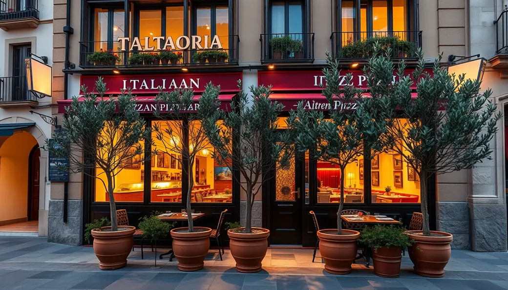 Franquicias de restaurantes italianos y pizzerías en España: fachada moderna con terraza