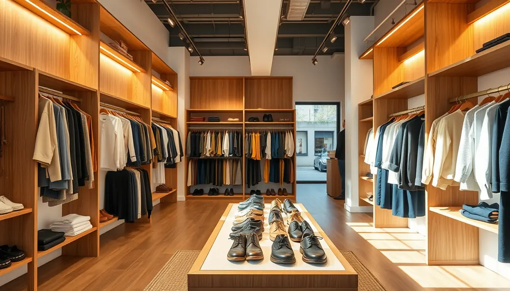 Interior luminoso de boutique de moda y calzado franquiciada en España